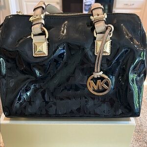 Michael Kors Glossy Black Satchel with Gold Accents